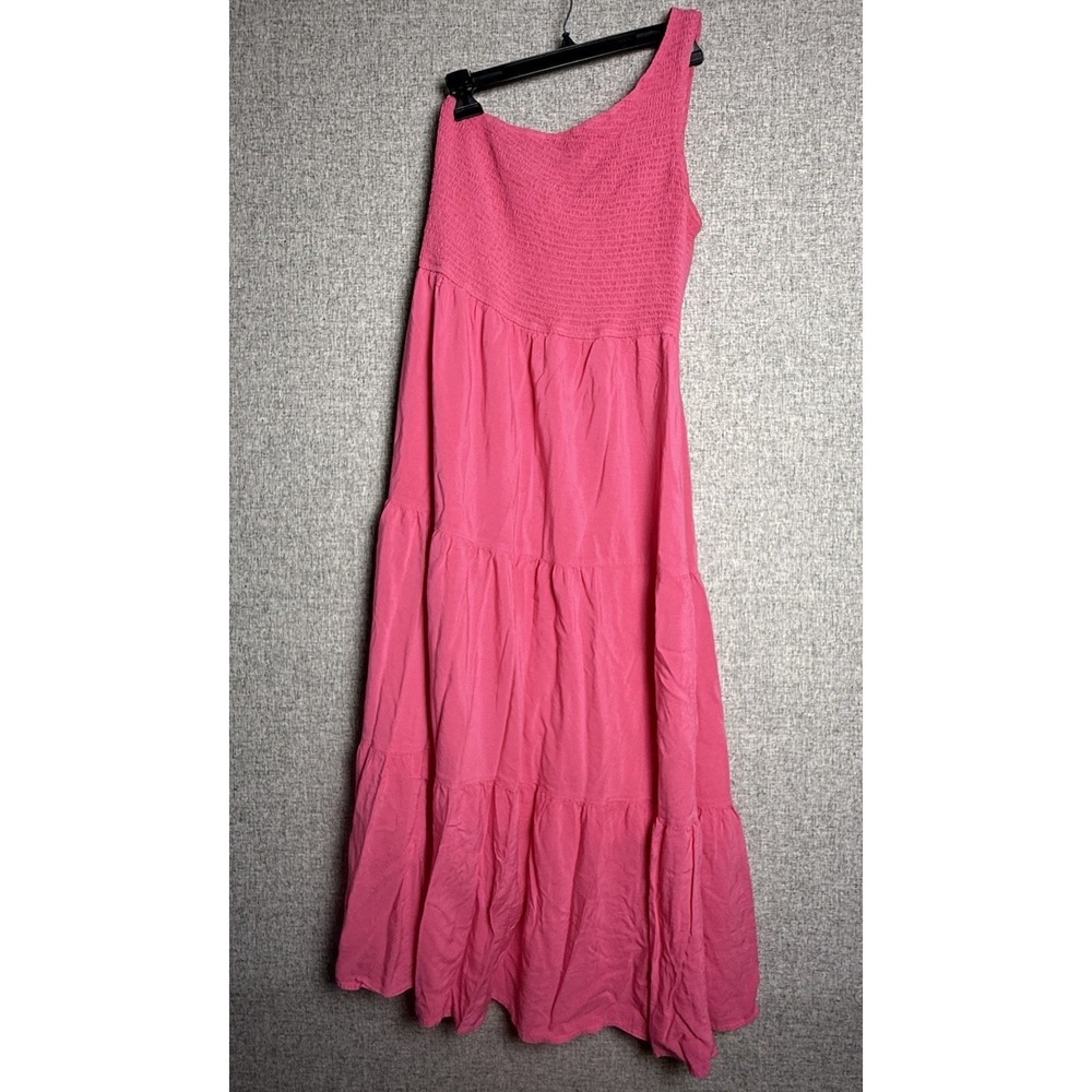 Zesica One Shoulder Smocked Boho Ruffle Hem‎ Tiered Midi Maxi Dress Pink Large